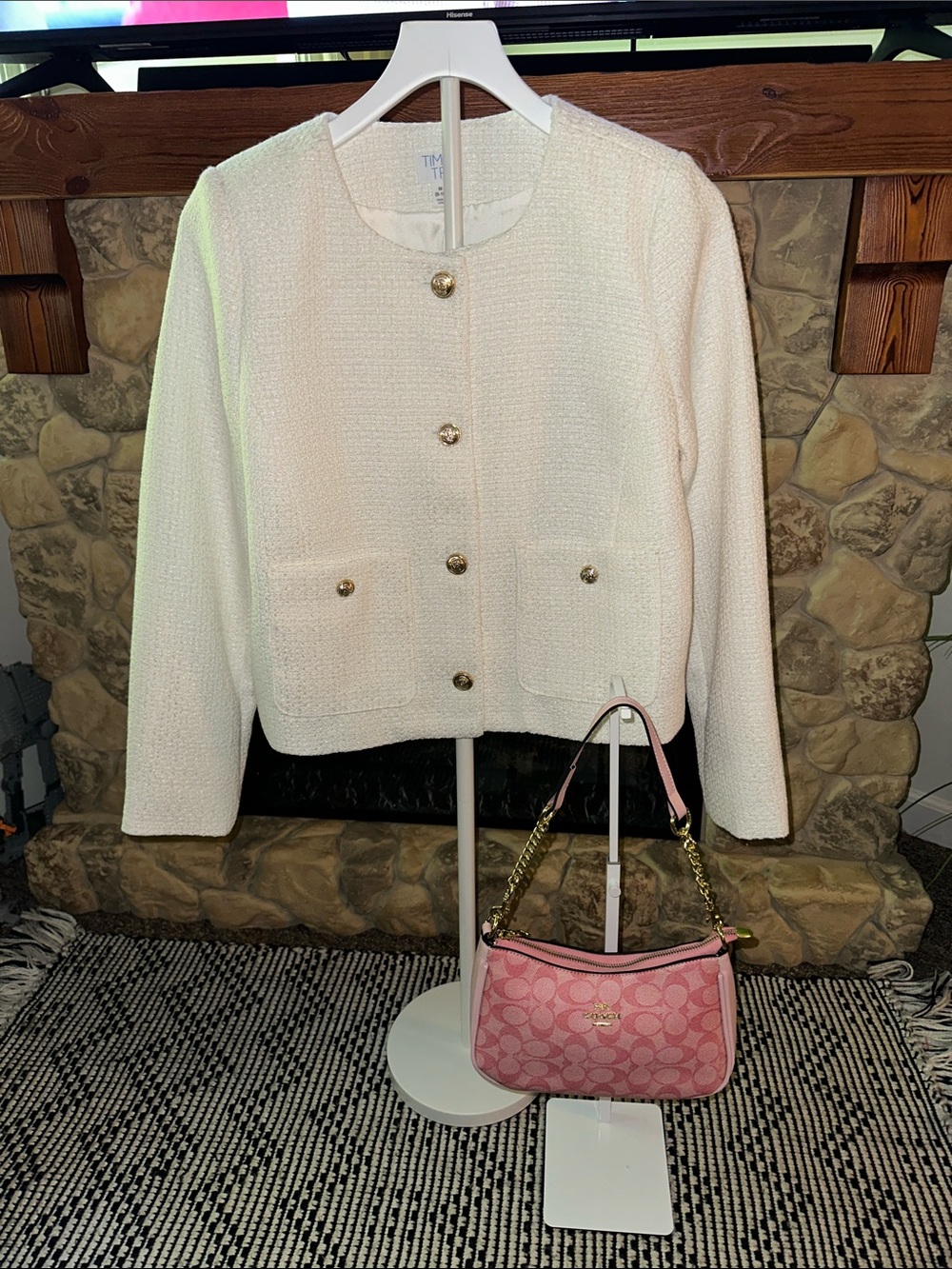 Time and Tru Cream Bouclé Collarless Button Jacket